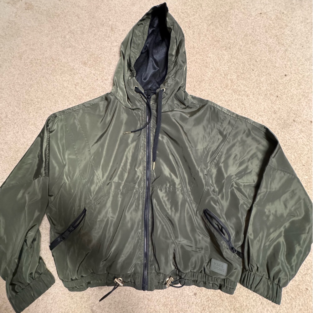 Green Windbreaker with Hood and Ribbed Cuffs